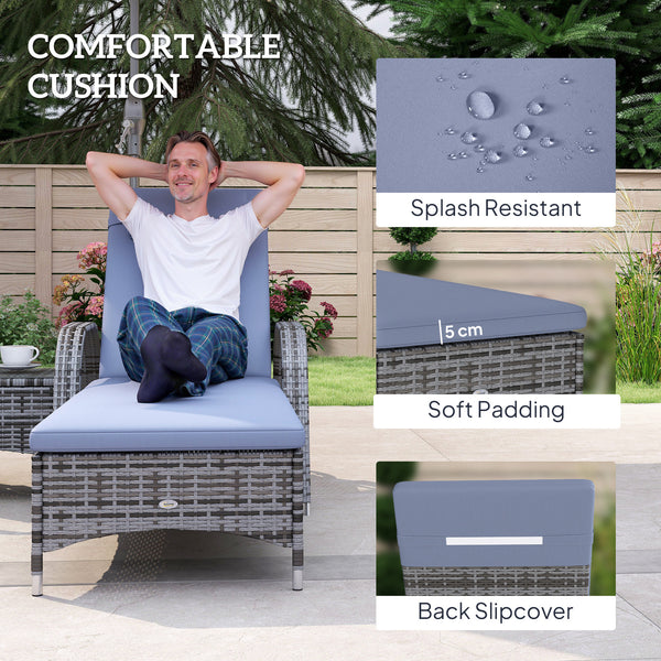 3 Pieces Patio Rattan Chaise Lounge Set, Outdoor PE Wicker Reclining Lounger Furniture Set, Adjustable Portable with Wheeled & Side Table, Grey