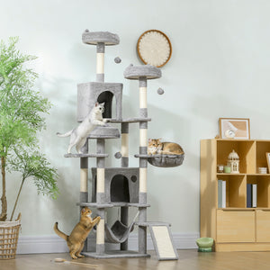Large 193 cm cat tree with 8 scratching posts, 3 soft beds, 2 hammocks, 2 large shelters and a ramp, light grey