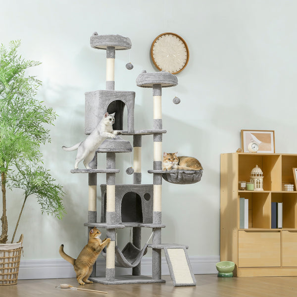 Large 193 cm cat tree with 8 scratching posts, 3 soft beds, 2 hammocks, 2 large shelters and a ramp, light grey