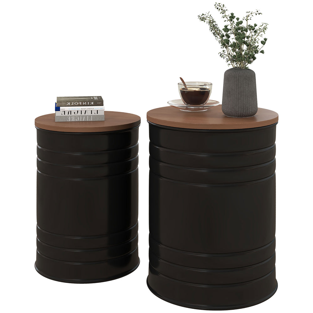 Set of 2 round side tables with wooden lid, black