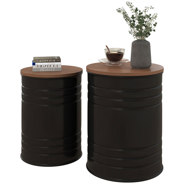 Set of 2 round side tables with wooden lid, black
