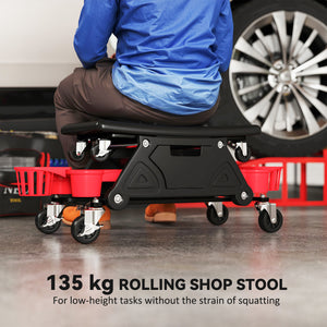 Padded rolling garage stool with tool storage, black.