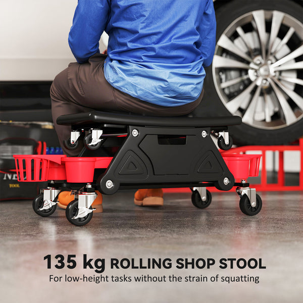 Padded rolling garage stool with tool storage, black.