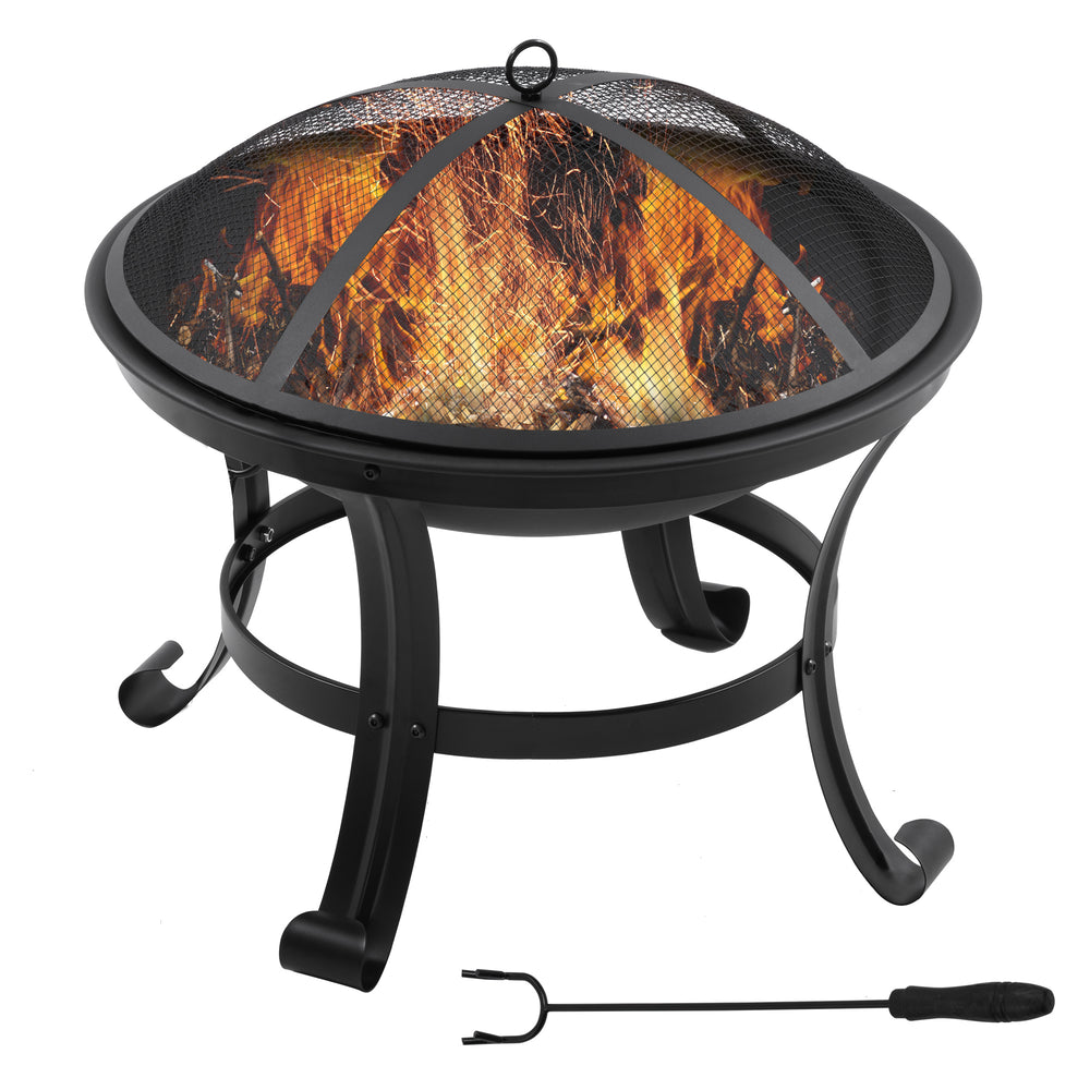 Outdoor Fire Pit with Mesh Cover, Poker, for Camping, Bonfire, Picnic, Black