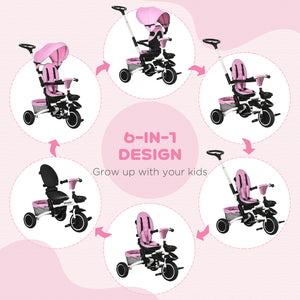 6 in 1 Foldable Tricycle with Adjustable Seat and Push Handle, Pink