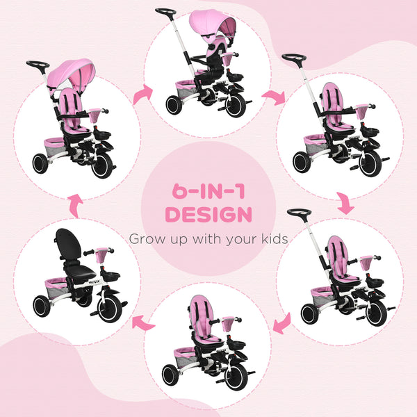 6 in 1 Foldable Tricycle with Adjustable Seat and Push Handle, Pink