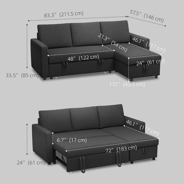 3-seater convertible sectional sofa with pull-out bed, reversible chaise longue and storage – Black
