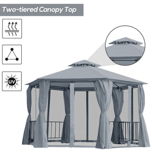 13 ft hexagonal gazebo with mosquito netting and shade curtains, grey