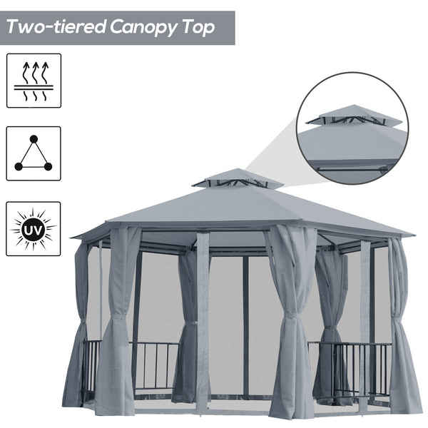 13 ft hexagonal gazebo with mosquito netting and shade curtains, grey