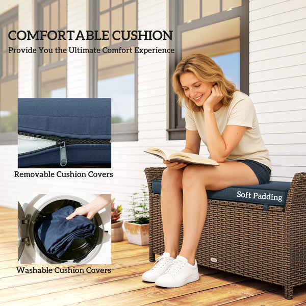 2-in-1 outdoor wicker storage bench with handles and cushion, navy blue