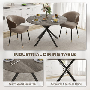 Round kitchen table for 4 people with steel legs, gray and black wood grain