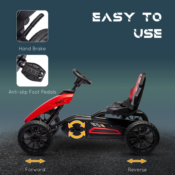 Kids Pedal Go-Kart, Adjustable Bucket, Hand Brake, Red