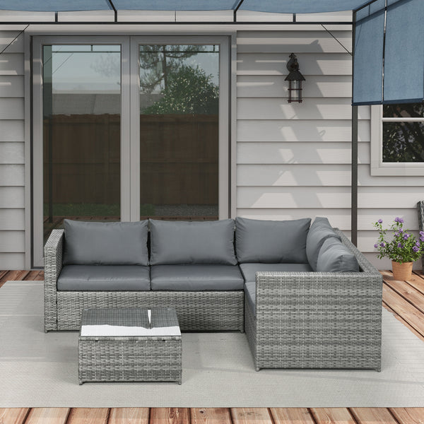 3-piece woven rattan garden furniture set with loveseat, coffee table and cushions, grey
