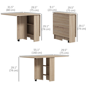 Folding Foldable Table with 2-Tier Shelves and Wheels, Natural Wood