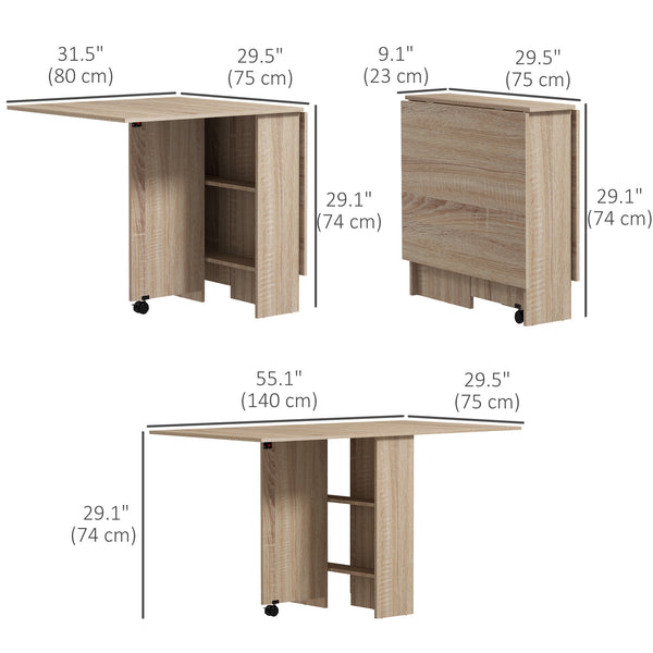 Folding Foldable Table with 2-Tier Shelves and Wheels, Natural Wood
