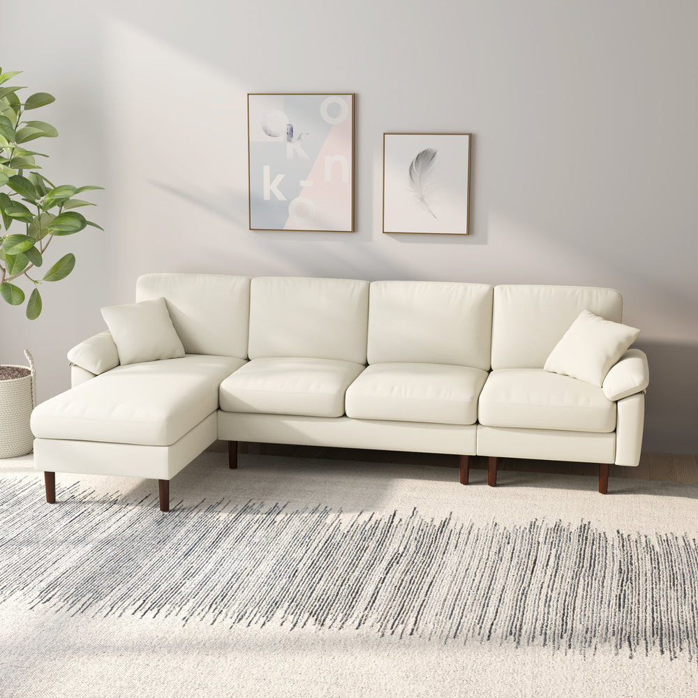 Modern L-shaped sectional sofa with removable chaise, cushions and wooden legs, cream white