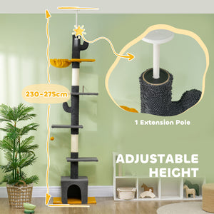 Cat tree with adjustable height from 230 to 274 cm, scratching posts, hammock, house, play ball, dark gray