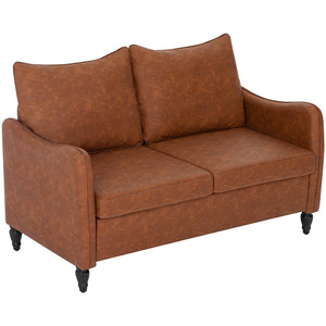 2 seater sofa with solid wood legs upholstered in faux leather, brown