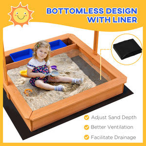 Wooden sandbox with height-adjustable lid, floor liner, seat and plastic trays