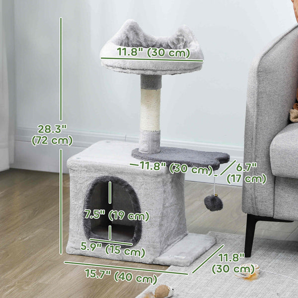 71 cm cat tree with soft bed, comfortable den, scratching post and hanging ball, light grey