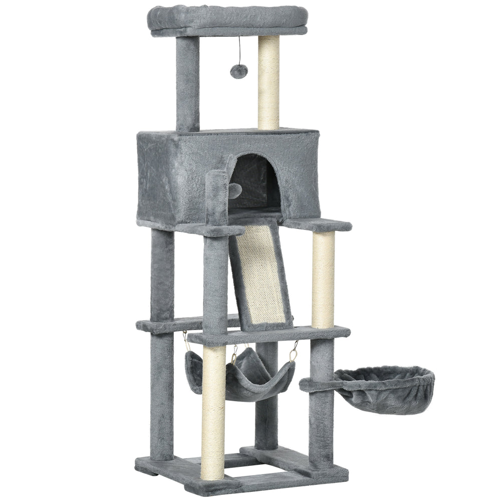55" Cat Tree with Bed, Ramp, Hammock, Hanging Toys, Sisal Rope Scratching Post, Grey