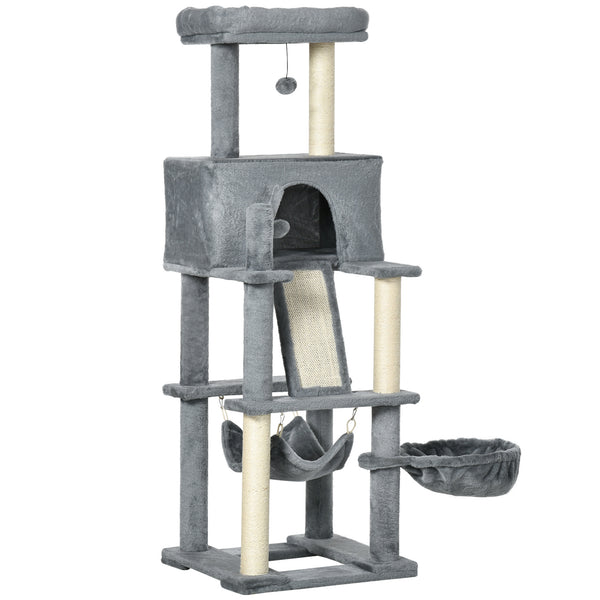 55" Cat Tree with Bed, Ramp, Hammock, Hanging Toys, Sisal Rope Scratching Post, Grey