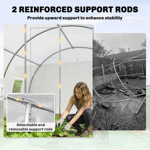 White heated tunnel greenhouse for plants with support bars
