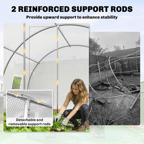 White heated tunnel greenhouse for plants with support bars