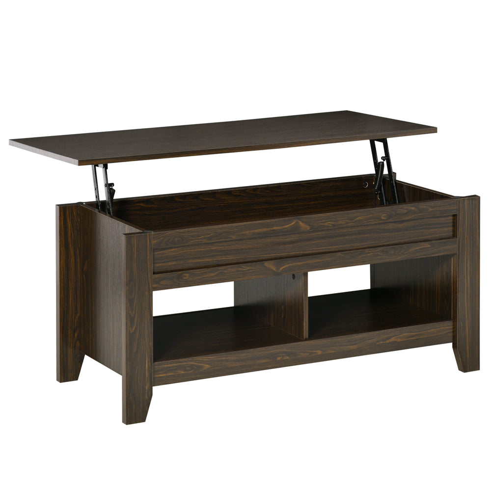 Lift-top coffee table with hidden storage and open shelves, dark walnut