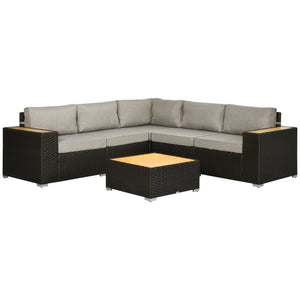 6 Pieces Outdoor Rattan Patio Furniture Set with Corner Sofa, Wood-Plastic Coffee Table, Light Grey