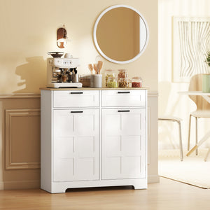 13 Gallon Tilt-Out Trash Can Cabinet with 2 Drawers, Door Shelves and Adjustable Shelves, White.