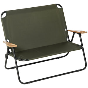 Double folding chair with wooden armrests, green