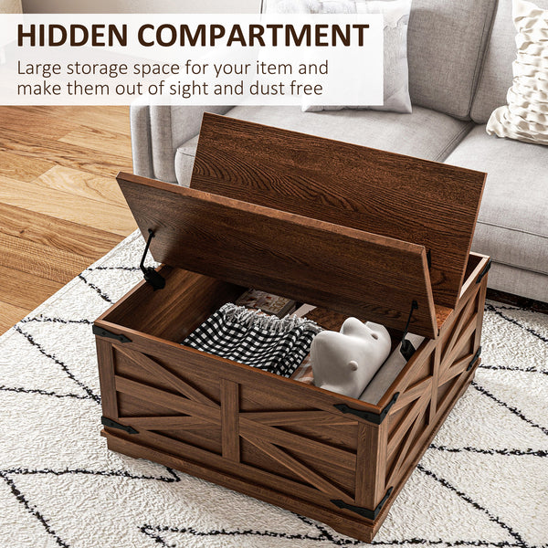 Square farmhouse style coffee table with hinged lids and hidden storage compartment, brown
