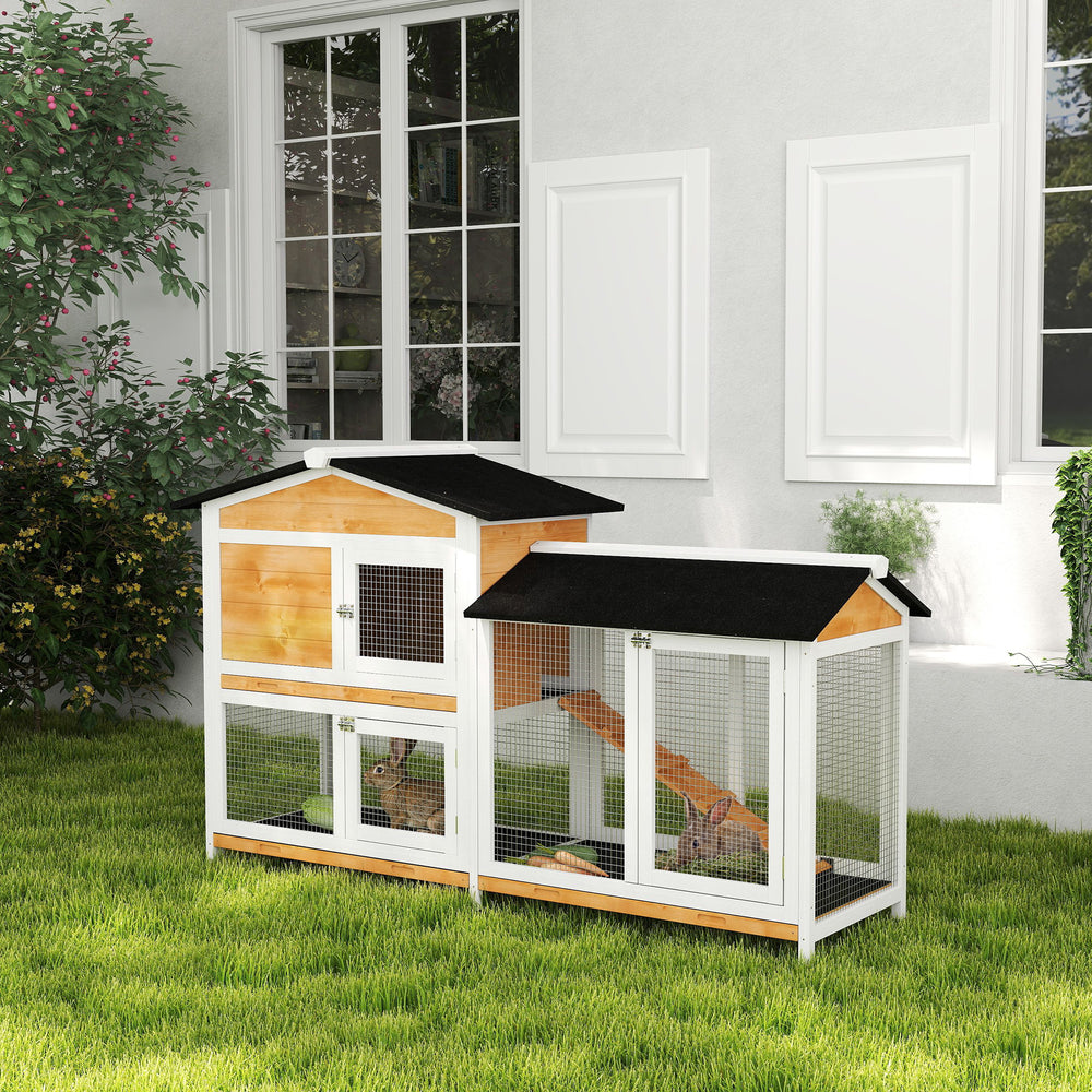 2-tier wooden rabbit hutch with ramp and outdoor run