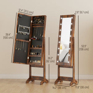 Freestanding jewelry cabinet with illuminated mirror, adjustable angle and 16 LEDs, rustic brown color