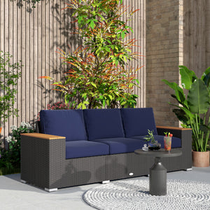 3-Seater Outdoor Sofa Couch, PE Wicker Patio Sofa with Cushions, Wood Grain Armrests, Dark Blue