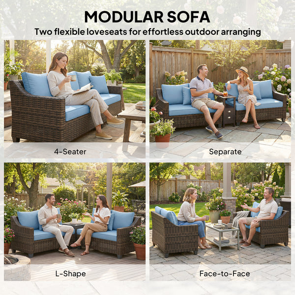Modular PE resin wicker garden lounge set, 4 seats, with 2 loveseats, cushions and pillows, blue.
