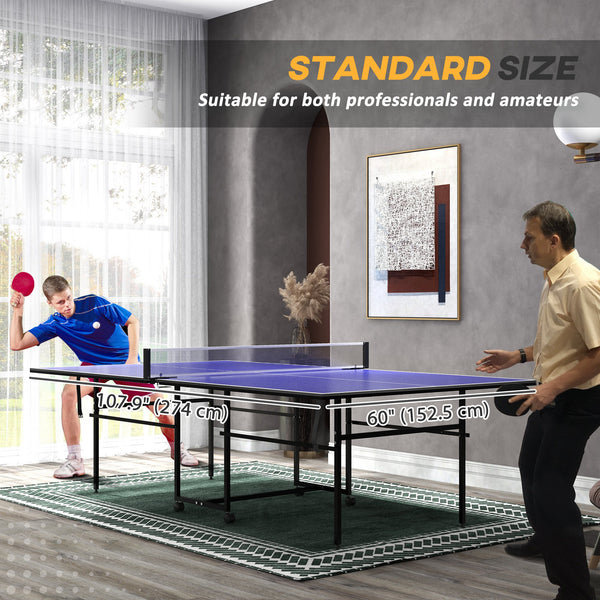 Full-size ping pong table with net, paddles, balls and wheels, blue