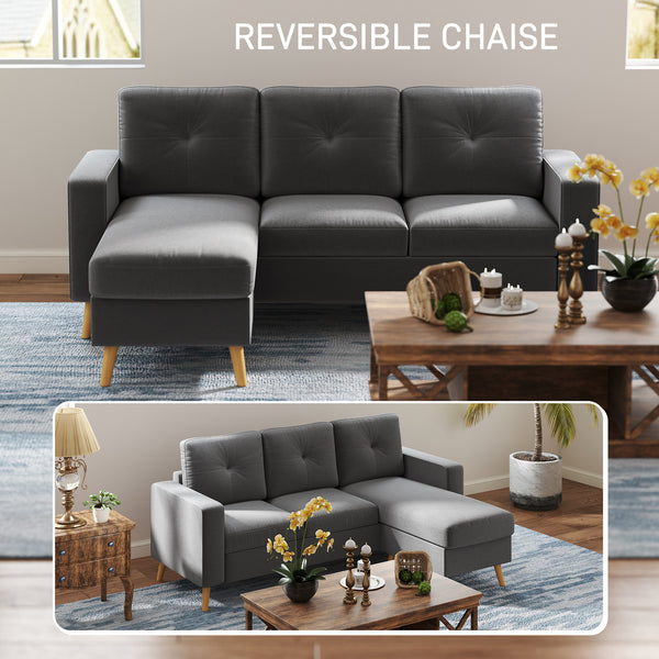 Sectional sofa with reversible chaise longue, wooden legs, dark gray