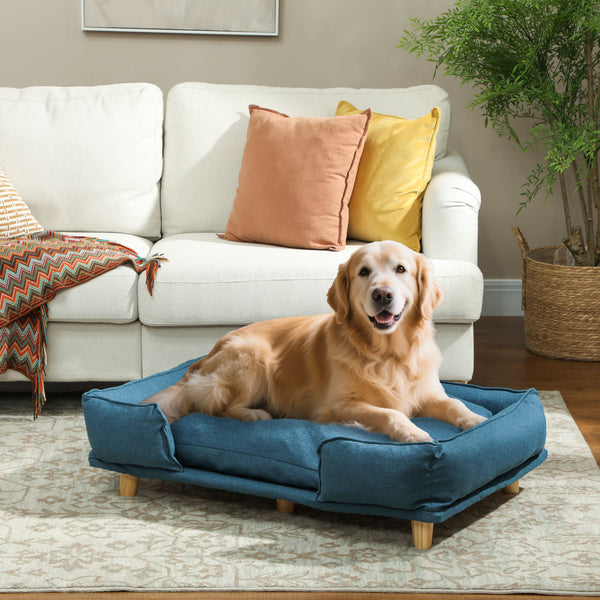 Washable raised dog sofa for large dogs with non-slip pads, dark blue