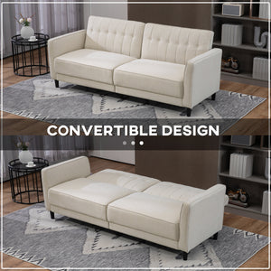 Convertible sofa bed in tufted fabric with adjustable backrest, beige