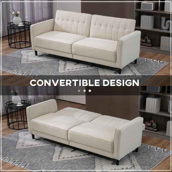 Convertible sofa bed in tufted fabric with adjustable backrest, beige