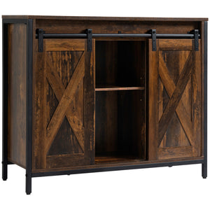 Industrial buffet with sliding barn doors, rustic brown color.