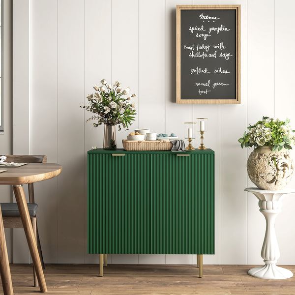 Modern kitchen storage cabinet with adjustable shelves and metal legs, green