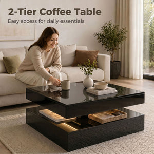 LED Coffee Table with 2-Tier Storage with Open Shelf and Remote Control for Living Room, High Gloss Black
