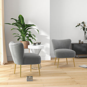 Set of 2 velvet armchairs with gold steel legs and tufted backrest, grey