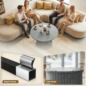 Round coffee table with fluted base and hidden sliding door storage – Cement gray