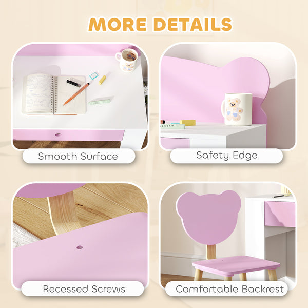 Kids' Desk and Chair Set, Bear Theme, Pink