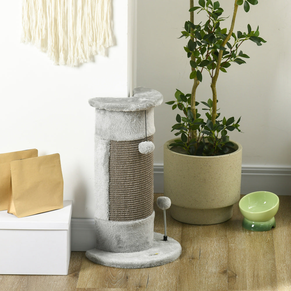 58cm scratching post with covered plush and play balls, grey