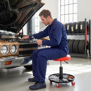 Adjustable mechanic's stool with casters and tool storage tray, red
